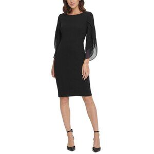 NWT DKNY Womens Size 4 Black Tiered Chiffon Sleeve Knee-Length Sheath Dress NEW